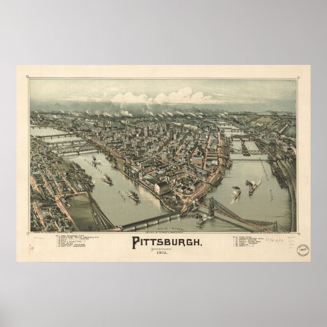 Póster Mapa de Pittsburgh, Birds-Eye View, 1902 (Frente)