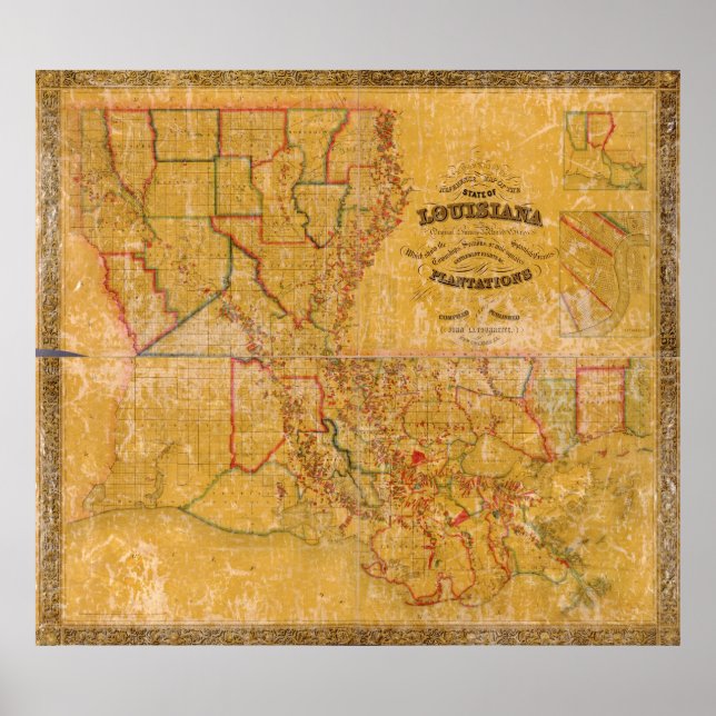 Póster Mapa de plantaciones de Luisiana de 1848 (Frente)