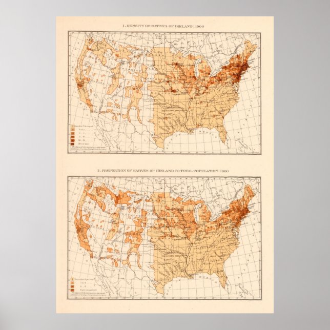 Póster Mapa de población irlandés antiguo de los Estados  (Frente)