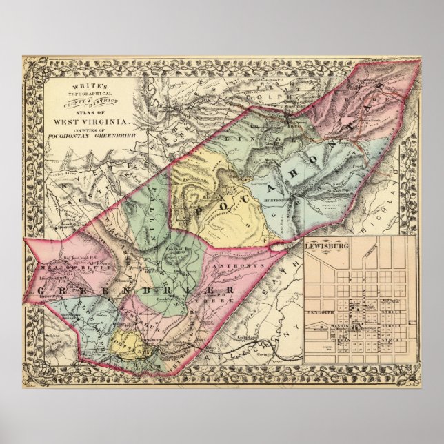 Póster Mapa de Pocohontas, condados de Greenbrier (Frente)