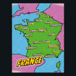 Póster Mapa de Pop Art Illustrated France<br><div class="desc">Pop Art Ilustró un mapa europeo de Francia en un hermoso estilo vintage usado.</div>