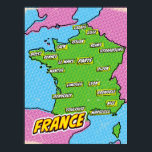 Póster Mapa de Pop Art Illustrated France<br><div class="desc">Pop Art Ilustró un mapa europeo de Francia en un hermoso estilo vintage usado.</div>