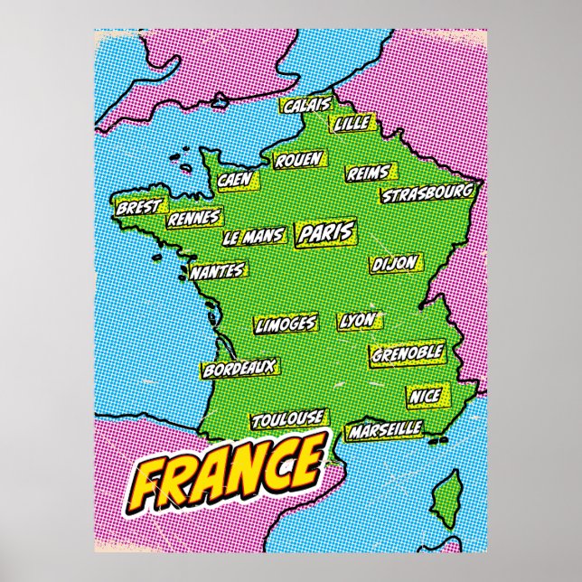 Póster Mapa de Pop Art Illustrated France (Frente)