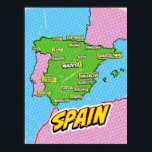 Póster Mapa de Pop Art Illustrated Spain<br><div class="desc">Pop Art Ilustró mapa europeo de España en un hermoso estilo vintage usado.</div>