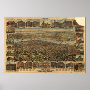 Póster Mapa de Portland, opinión del Pájaro-Ojo, 1890
