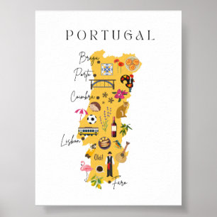 Póster Mapa de Portugal con las principales ciudades y va