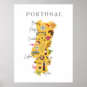 Póster Mapa de Portugal con las principales ciudades y va