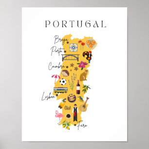 Póster Mapa de Portugal con las principales ciudades y va