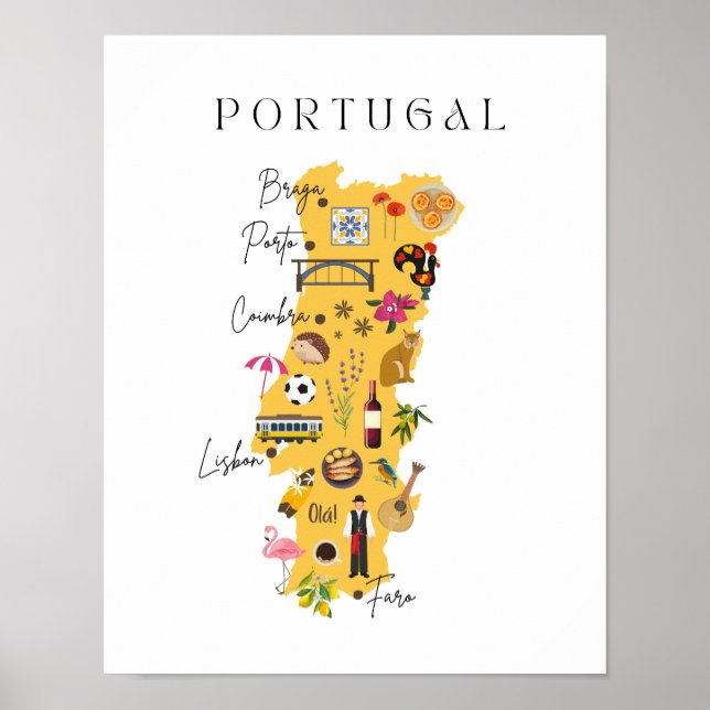Póster Mapa de Portugal con las principales ciudades y va (Frente)