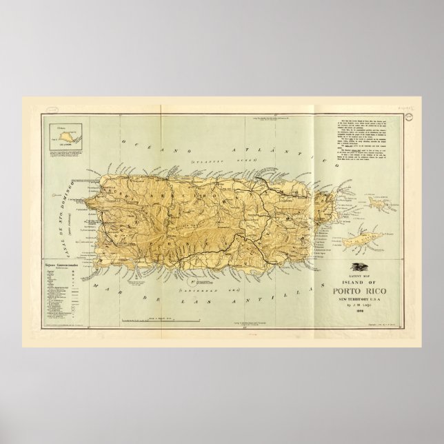 Póster Mapa de Puerto RIco (Porto RIco) alrededor de 1898 (Frente)
