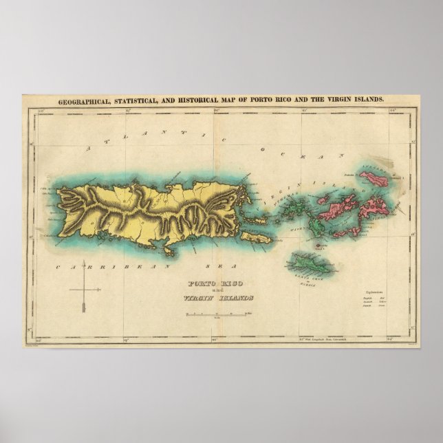 Póster Mapa De Puerto Rico Y Las Islas Vírgenes (Frente)
