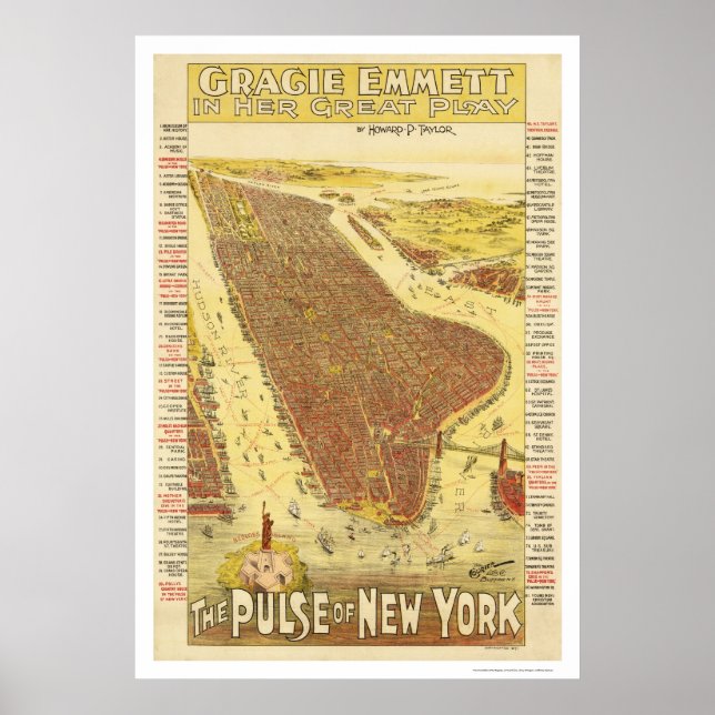 Póster Mapa De Pulso De Nueva York 1891 (Frente)