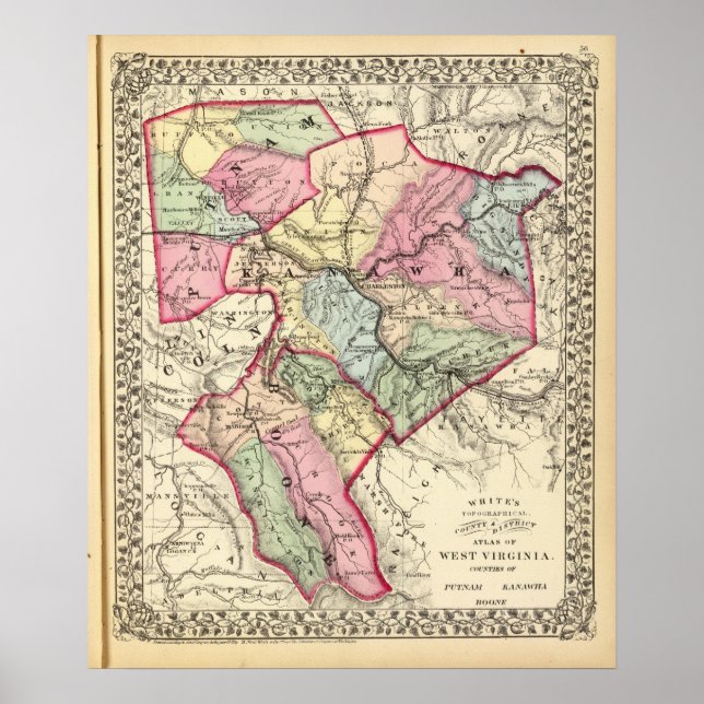Póster Mapa de Putnam, Kanawha, condados de Boone (Frente)