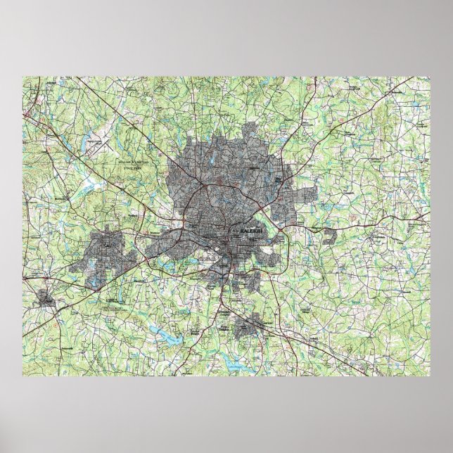 Póster Mapa de Raleigh de Carolina del Norte (1990) (Frente)