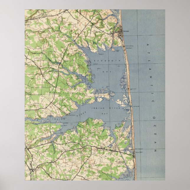 Póster Mapa de Rehoboth y Bethany Beach DE (1944) (Frente)