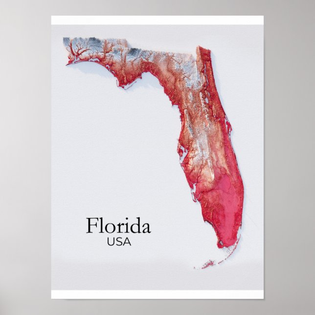 Póster Mapa de relieve de Florida con textura roja (Frente)