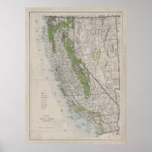 Póster Mapa de reservas forestales de la antigua Californ