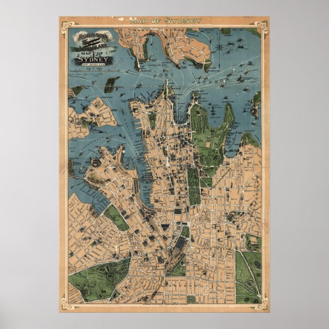 Póster Mapa de Robinson de Sydney, NSW (1922) Reprint (Frente)