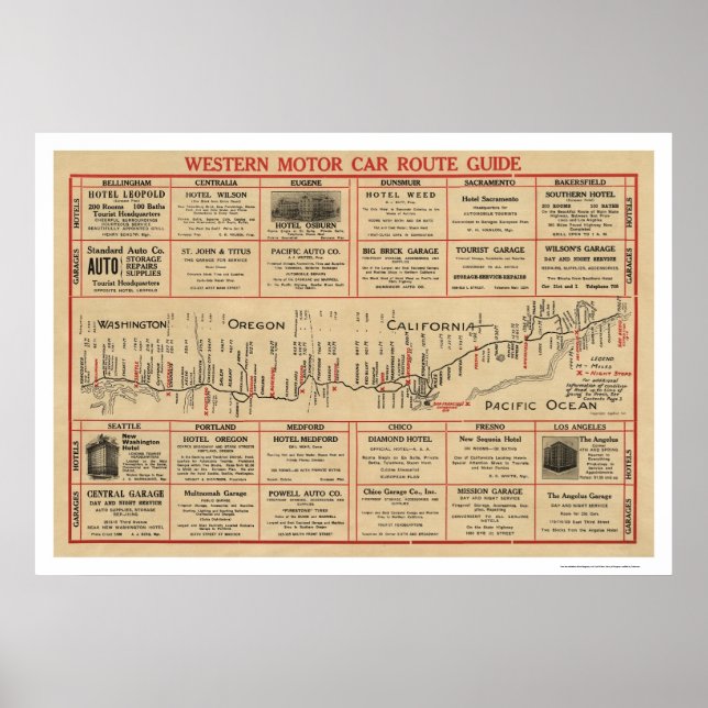 Póster Mapa de ruta automática occidental de 1915 (Frente)