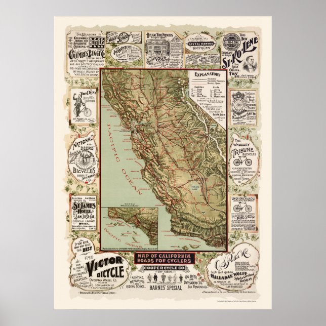 Póster Mapa de rutas de bicicleta de California - 1895 (Frente)
