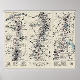 Póster Mapa de rutas de Escudos del Pacífico de Oregón, 1