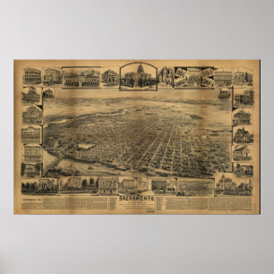 Póster Mapa de Sacramento, opinión del Pájaro-Ojo, 1890