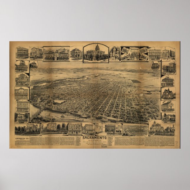 Póster Mapa de Sacramento, Vista de ojos de pájaros, 1890 (Frente)