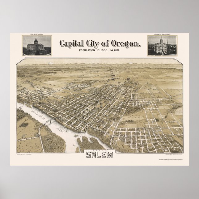 Póster Mapa de Salem, OR Panorámico - 1905 (Frente)
