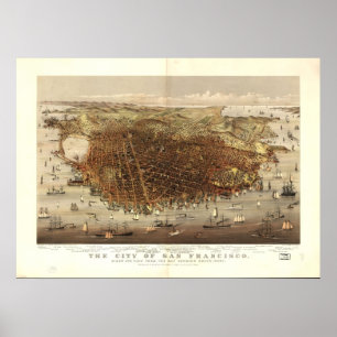 Póster Mapa de San Francisco, Birds-Eye View, 1878