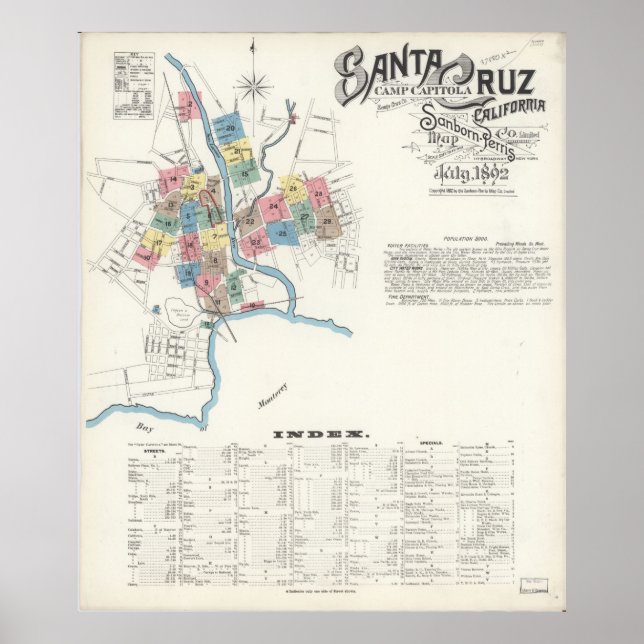 Póster Mapa de Santa Cruz de California de 1892 (Frente)