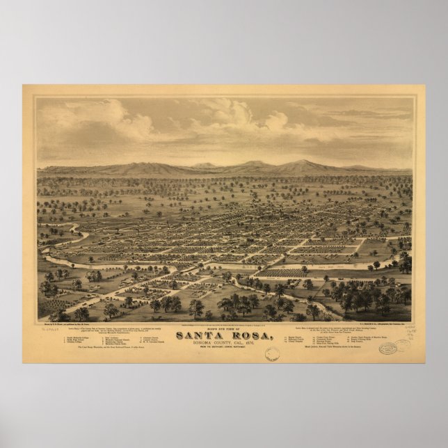 Póster Mapa de Santa Rosa, Vista Aves-Ojos, 1876 (Frente)