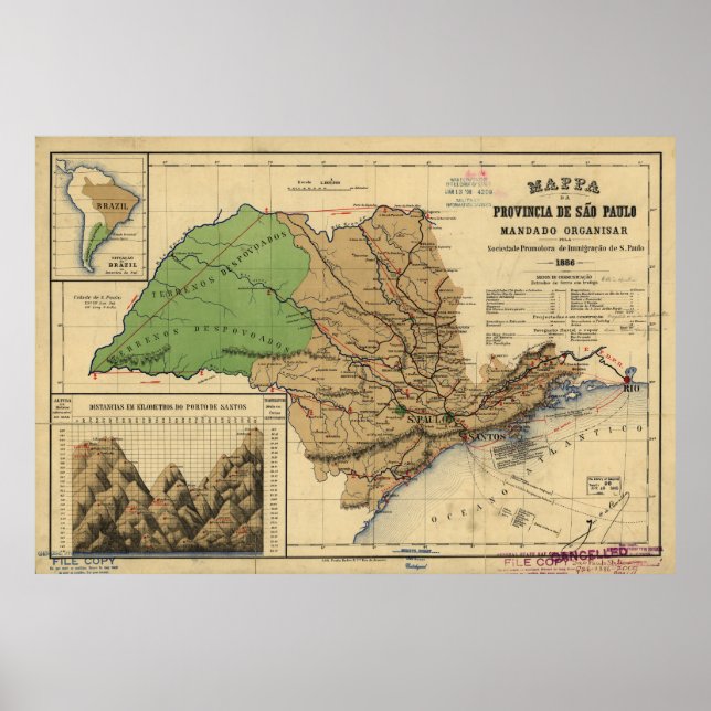 Póster Mapa de São Paulo, Brasil (1886) (Frente)