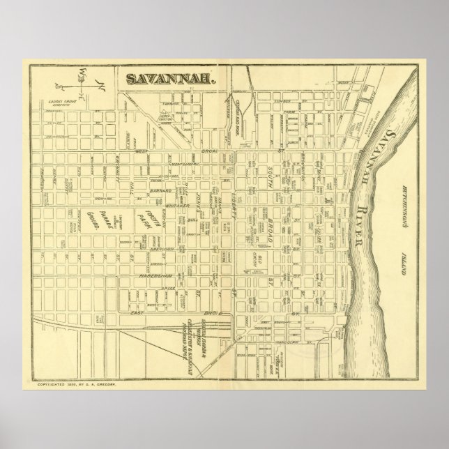Póster Mapa de Savannah Georgia (1890) (Frente)