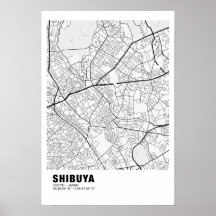 Mapa de Shibuya Poster - Mapa Blanco de Tokio