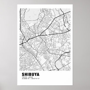 Póster Mapa de Shibuya Poster - Mapa Blanco de Tokio