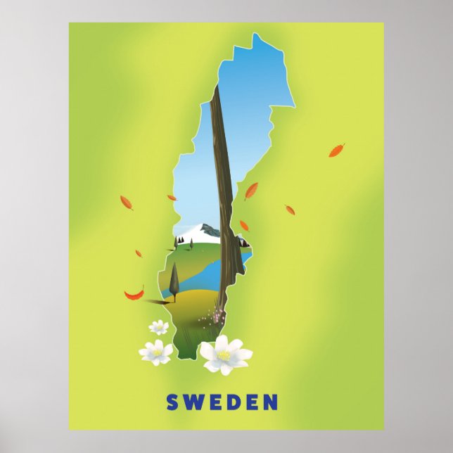 Póster Mapa de Suecia ilustrado afiche de viajes. (Frente)