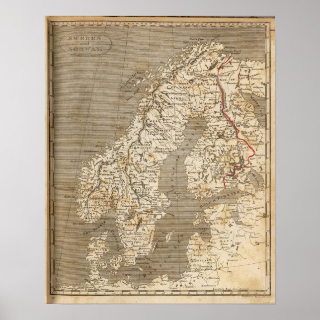 Póster Mapa de Suecia, Noruega por Arrowsmith (Frente)