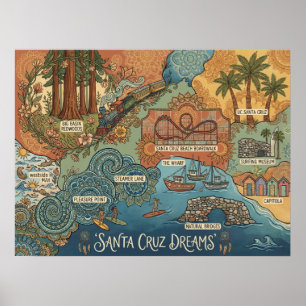 Póster Mapa de sueños de Santa Cruz California – Costa vi