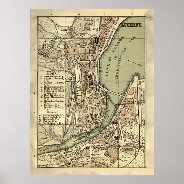 Póster Mapa de Suiza de la Antigua Lucerna (1887) (Frente)