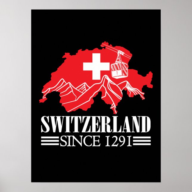 Póster Mapa de Suiza desde las montañas de 1291 Bandera s (Frente)