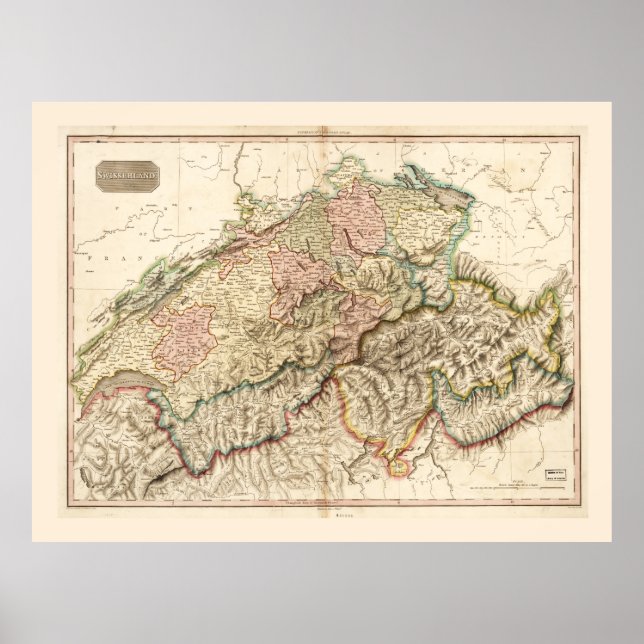 Póster Mapa de Suiza (Suiza) c. 1818 (Frente)
