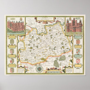 Póster Mapa de Surrey, grabado por Jodocuments Hondius