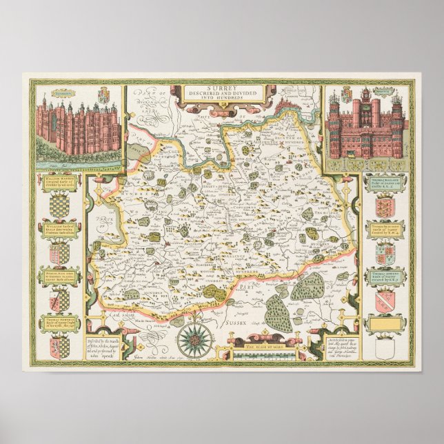Póster Mapa de Surrey, grabado por Jodocuments Hondius (Frente)