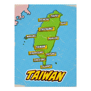 Póster Mapa de Taiwan ilustrado por arte pop