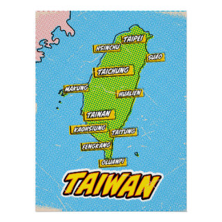 Póster Mapa de Taiwan ilustrado por arte pop