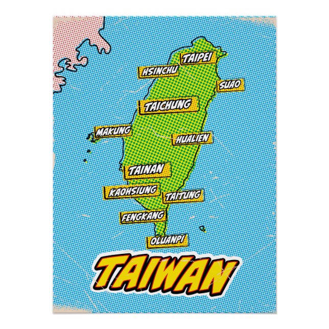 Póster Mapa de Taiwan ilustrado por arte pop (Anverso)