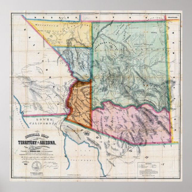 PÓSTER MAPA DE TERRITORIO DE ARIZONA 1865 (Frente)