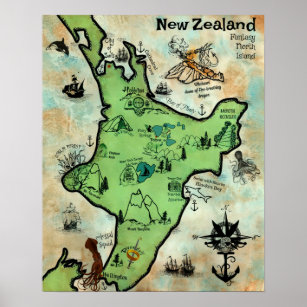 Póster Mapa de tesoros de Nueva Zelanda