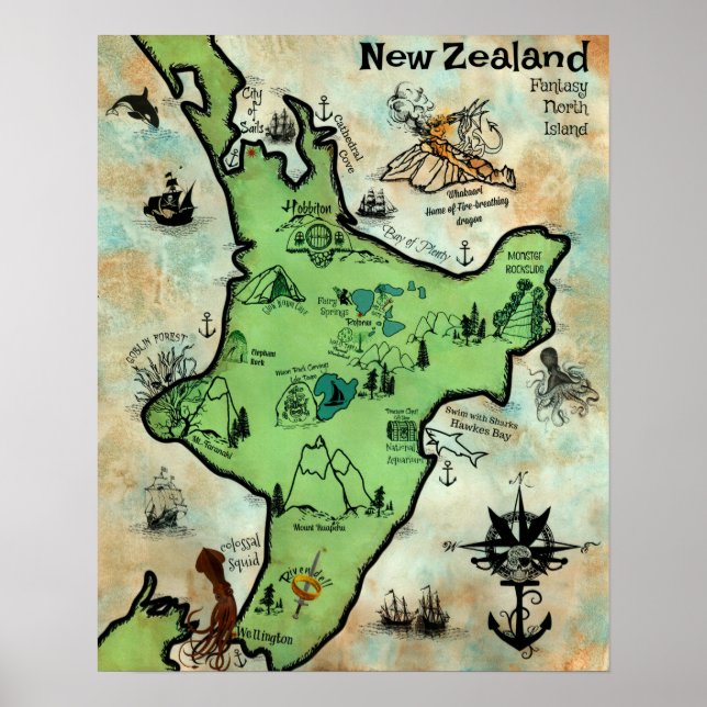 Póster Mapa de tesoros de Nueva Zelanda (Frente)