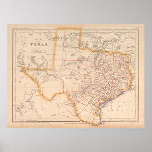 Póster Mapa de Texas antiguo (1857) Vieja Texas Lone Star